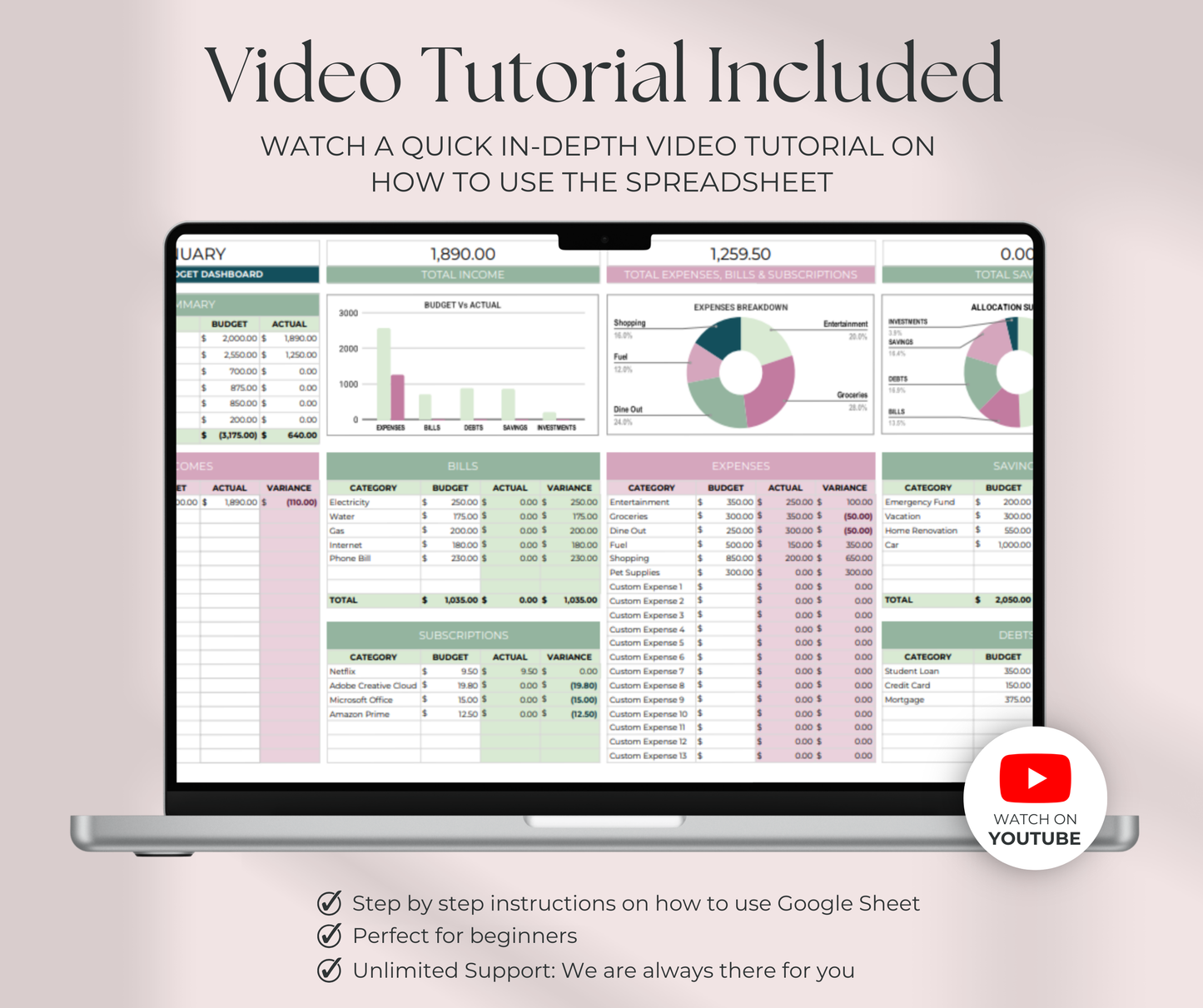 Simple Budget | Monthly, Weekly & Annual Planner | Savings Tracker & Bill Calendar | Google Sheets Budget Template